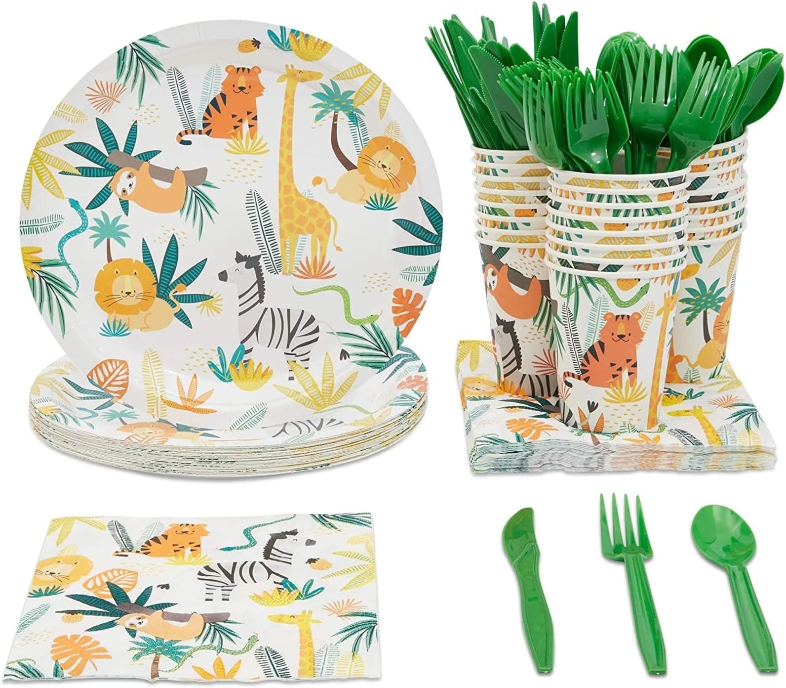 BLUE PANDAAnimal Party Plates - Napkins & Cups Jungle Safari Theme 144-Piece Kit - Serves 24 - Multicolor Disposable Safari Dinnerware with Forks - Spoons & Knives for Kids Jungle Birthday Party