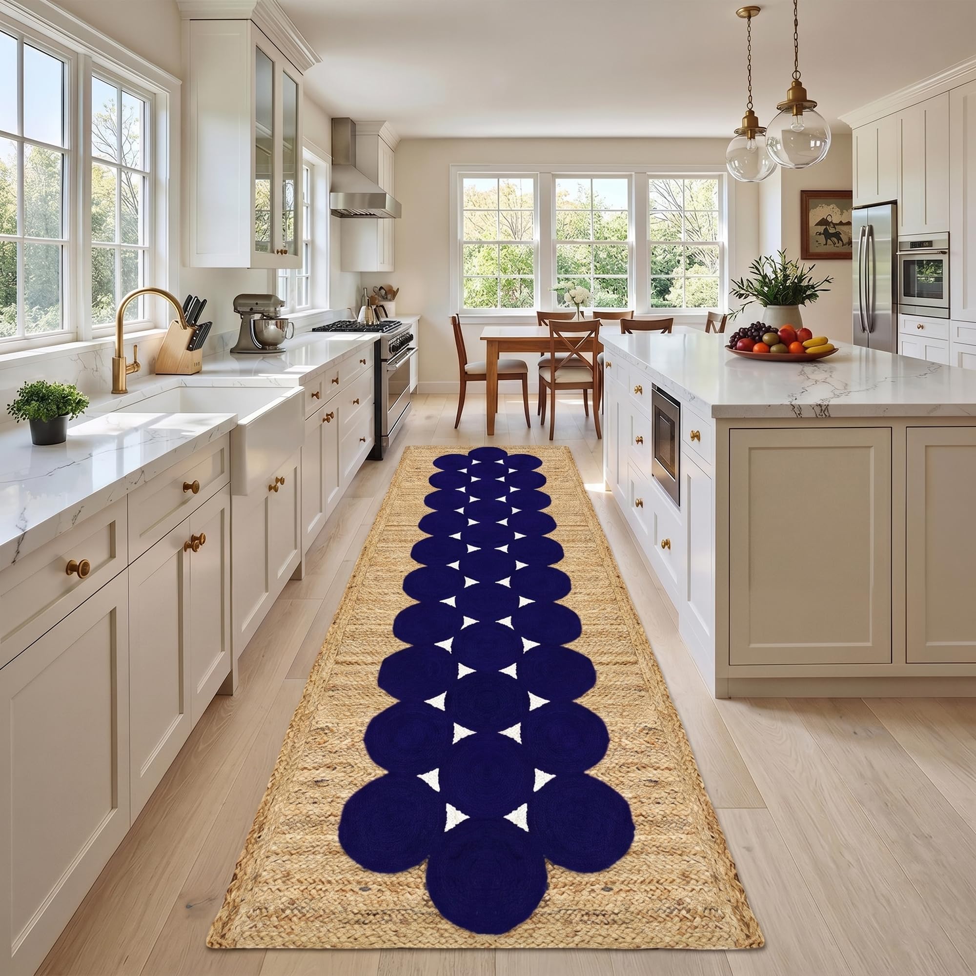 Tapis de couloir en jute haut de gamme fait main motif bleu