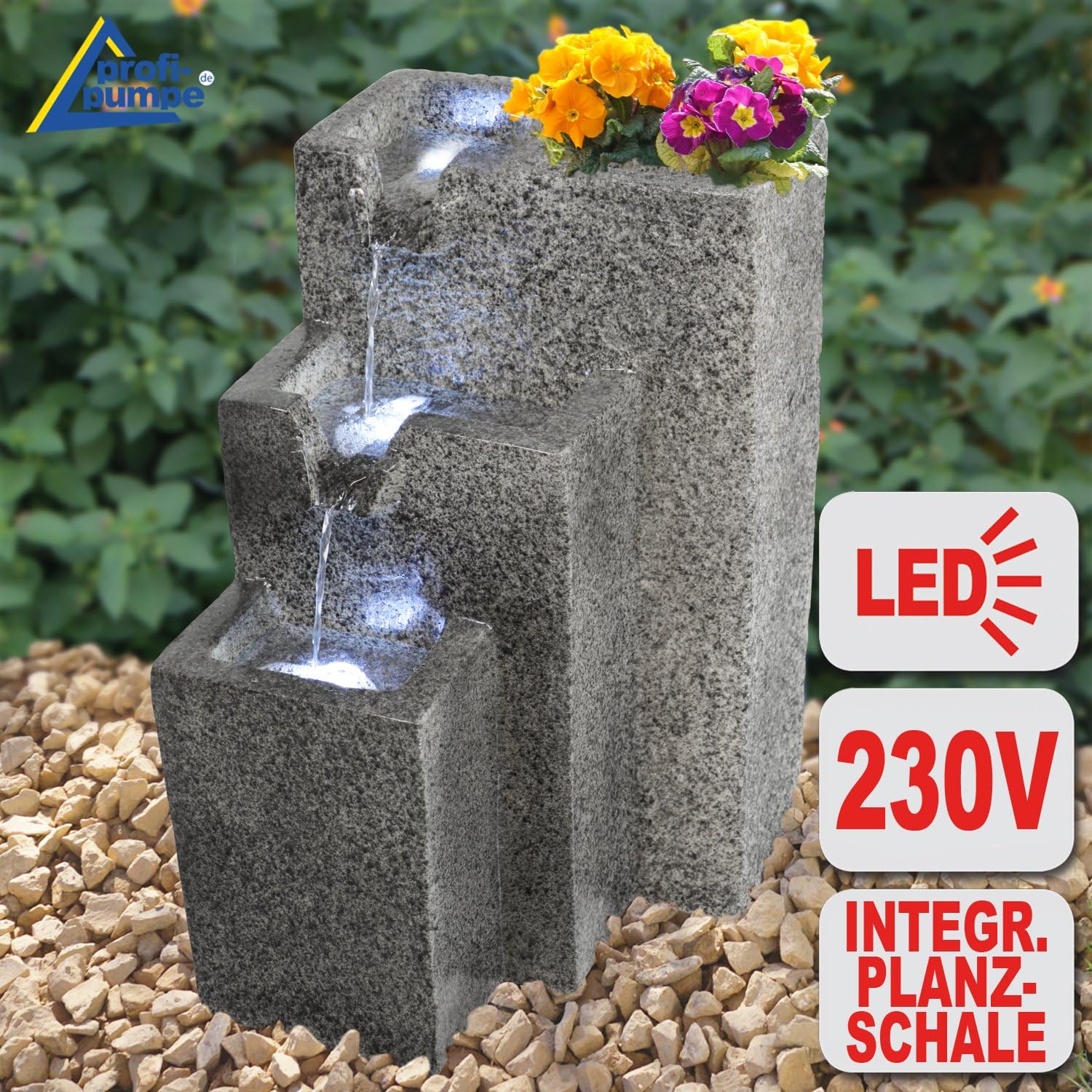 AMUR Fontanna ogrodowa, ozdobna fontanna pokojowa, z oświetleniem LED, 230 V, wodospad do ogrodu, stawu, na taras, balkon, bardzo dekoracyjna