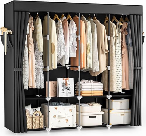 Armario portátil de 66 pulgadas para colgar ropa, organizador de ropa de gran capacidad con cubierta, 4 varillas para colgar, 8 estantes de