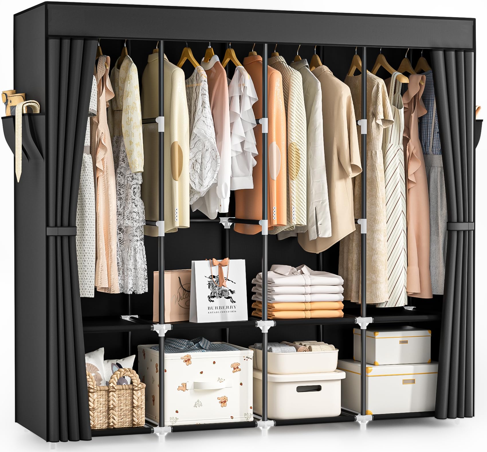 Wardrobe Closet, 66 Inch Portable Closet for Hanging Clothes, Large Capacity Clothes Rack Organizer with Cover & 4 Hanging Rods & 8 Storage Shelves & 2 Side Pockets (Black)