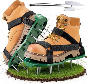 حذاء Ohuhu Lawn Aerator بأشرطة خطافية وحلقة، تصميم فريد جديد بالكامل، صنادل تهوية مدببة شديدة التحمل، مقاس واحد يناسب الجميع لحديقة حديقة الفناء