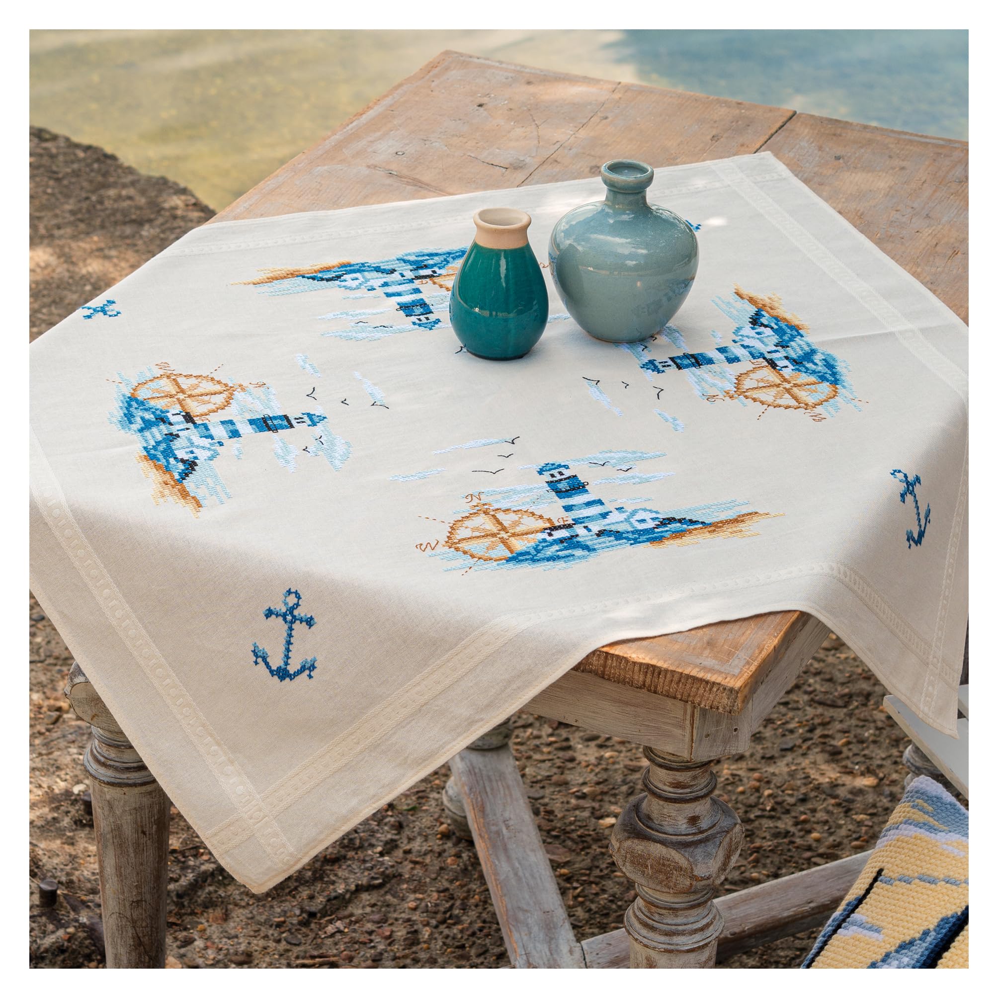 VERVACO Cross Stitch Embroidery Kits Tablecloth Navy Embroidery Blankets Pre-Drawn Crafts Adult Creative Set Pre-Printed Blanket Embroidery Approx. 80 x 80 cm Embroidery Set DIY Embroidery Set