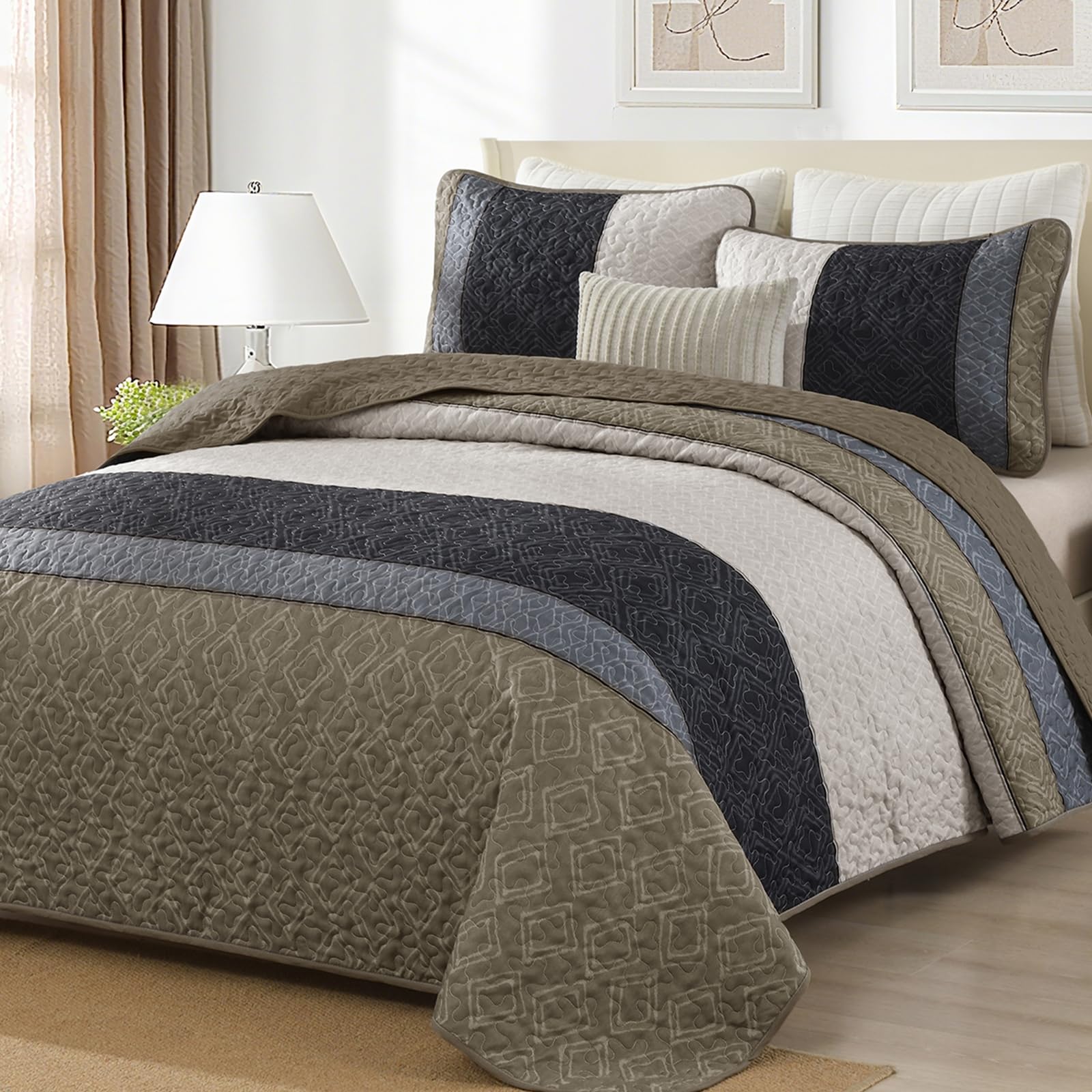 Quilt Set Queen Size 3 Pieces,Striped Plaid Bedspread Coverlet Set,Taupe Boho Bedding Set Soft Microfiber Bedding Set with 2 Pillow Shams 96"x90" — image 1