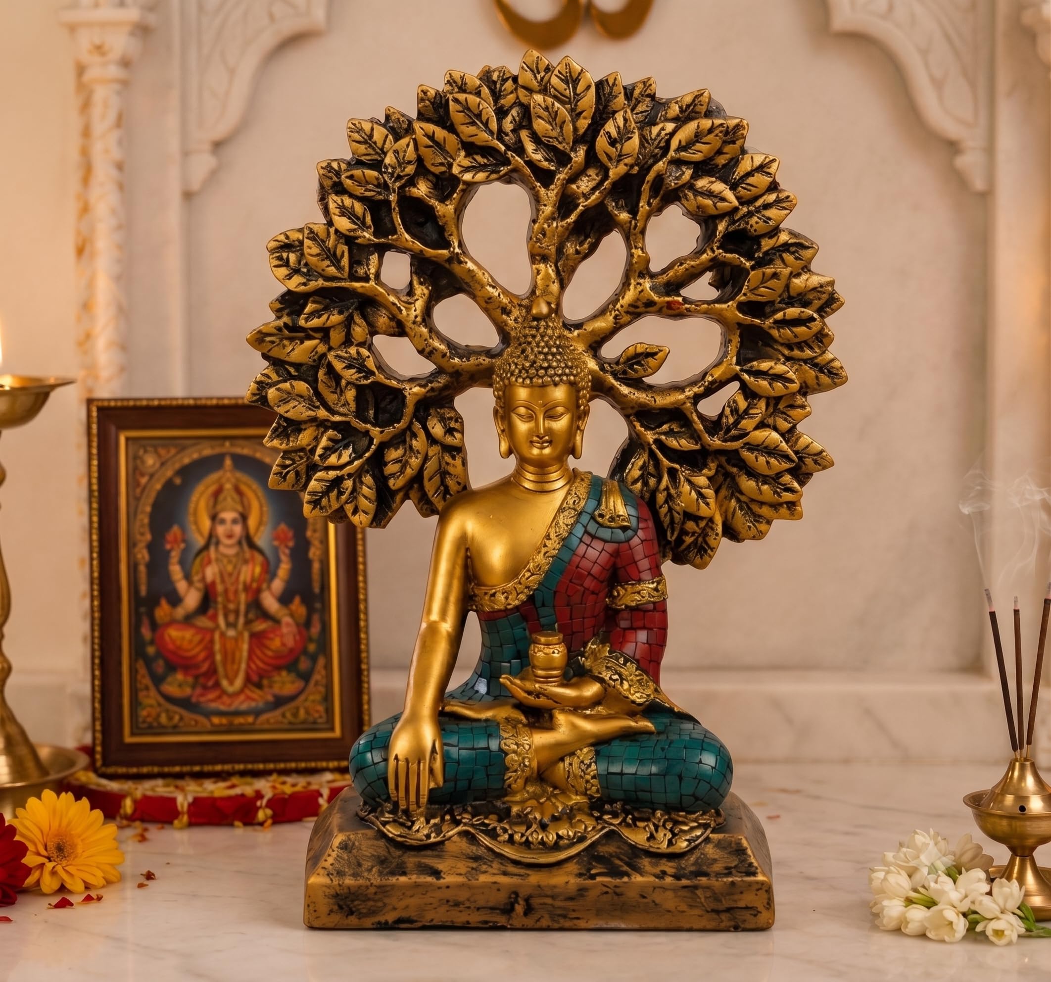 Meditating Buddha Idol with Tree of Life for Home Decor | Peaceful Buddha Statue for Living Room, Office & Meditation Space