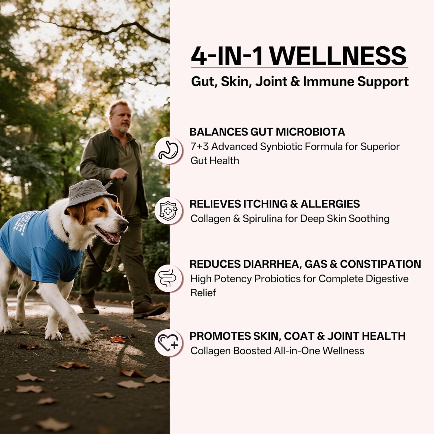 Probiotics for Dogs & Cats, Daily Digestive & Gut Health Supplement, 7 Strains & 3 Prebiotics, Supports Stool Balance, Occasional Diarrhea & Gas, Collagen & Spirulina for Skin Health & Itch Support