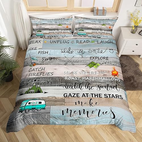 Juego de funda de edredón con reglas de campamento, tamaño King para niños, funda de edredón rústica para campamento, estilo granja, decoración de