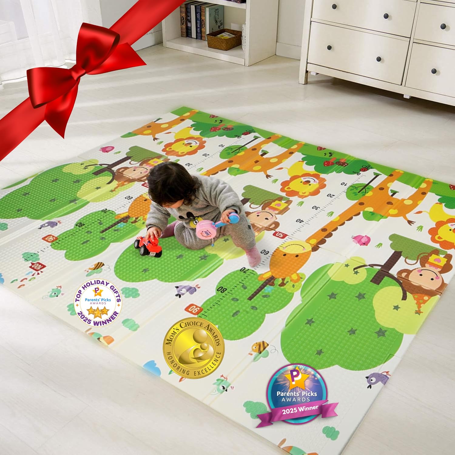 Bammax X-Large 78″ x 70″ x 0.4″ XPE Foam Padded Baby Play Mat + Travel Bag | Waterproof, Reversible & Foldable Design | Baby Crawling Mat & Kids Play Mat – Giraffe & Mixed Animals