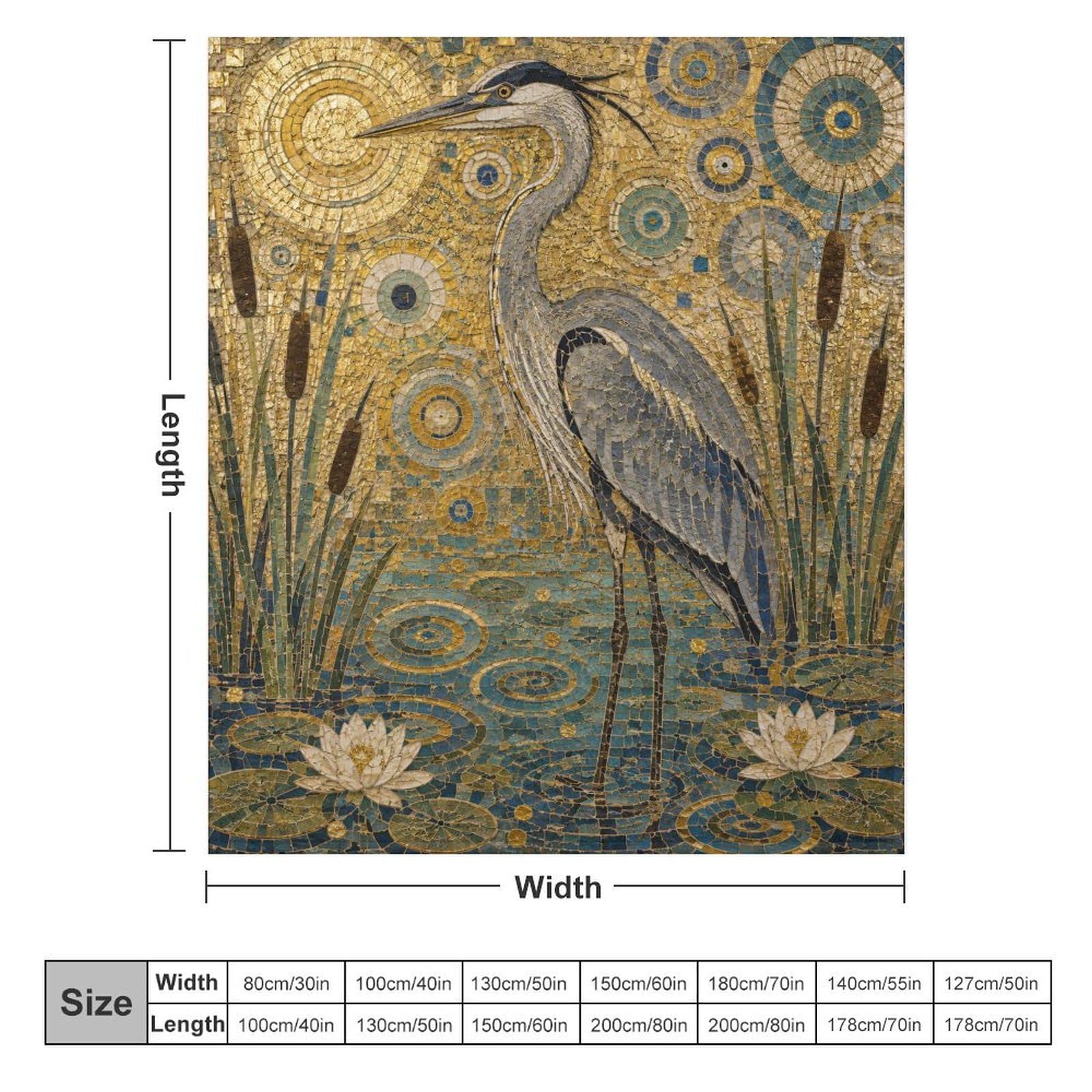 Airone e Loto Coperta Morbida Flanella Divano Letto Coperta Casa Divano | coperta pile divano con Mosaico in oro blu e Uccello delle zone umide, per angolo lettura, soggiorno, 175x200cm(70x80in)