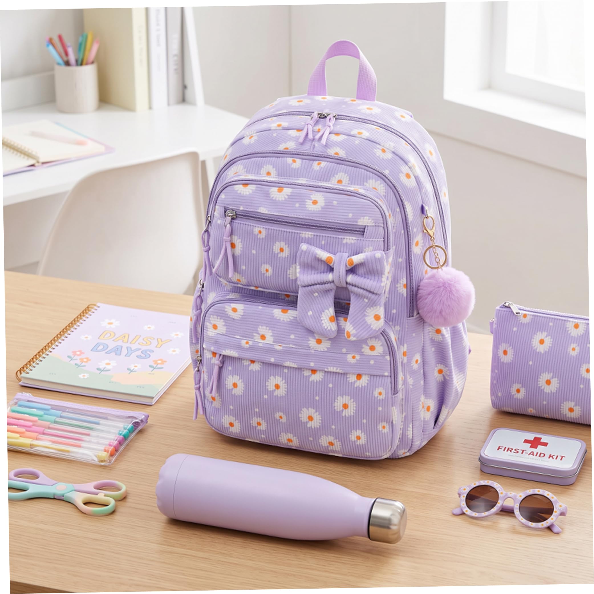 Zaino preppy, set di zaini per ragazze da 3 pezzi Borsa Kawaii con stampa floreale viola
