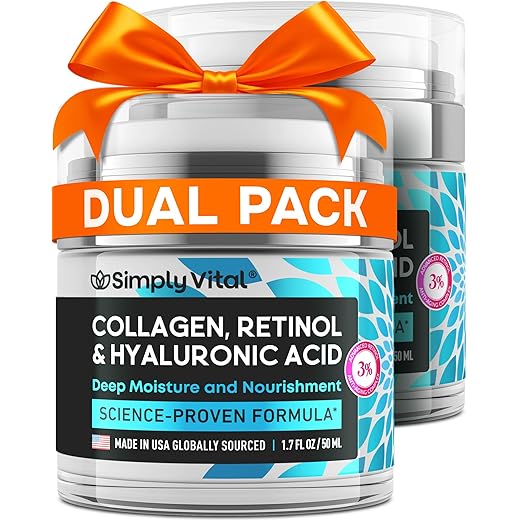 SimplyVital Anti-Aging Collagen Retinol Cream for Face, Neck & Décolleté with Hyaluronic Acid - Made in USA, Daily Collagen, Retinol & Hyaluronic Acid Cream, 2-Pack