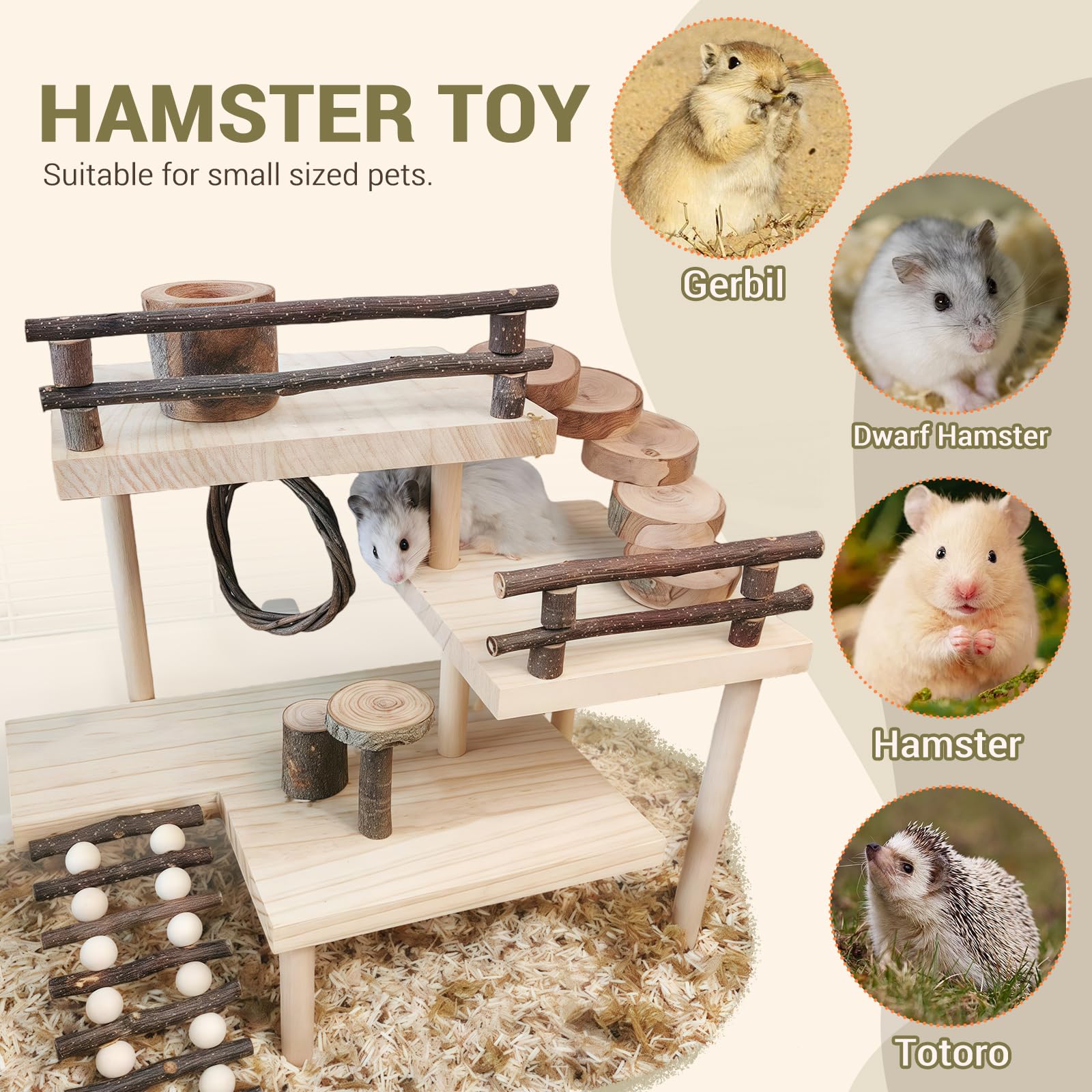 RoseFlower Parco Giochi per Criceti, Attaforma per Criceti in Legno, Giocattolo da Arrampicata per Criceti, Giocattoli da Masticare per Criceti, Set di Attività per Piccoli Animali