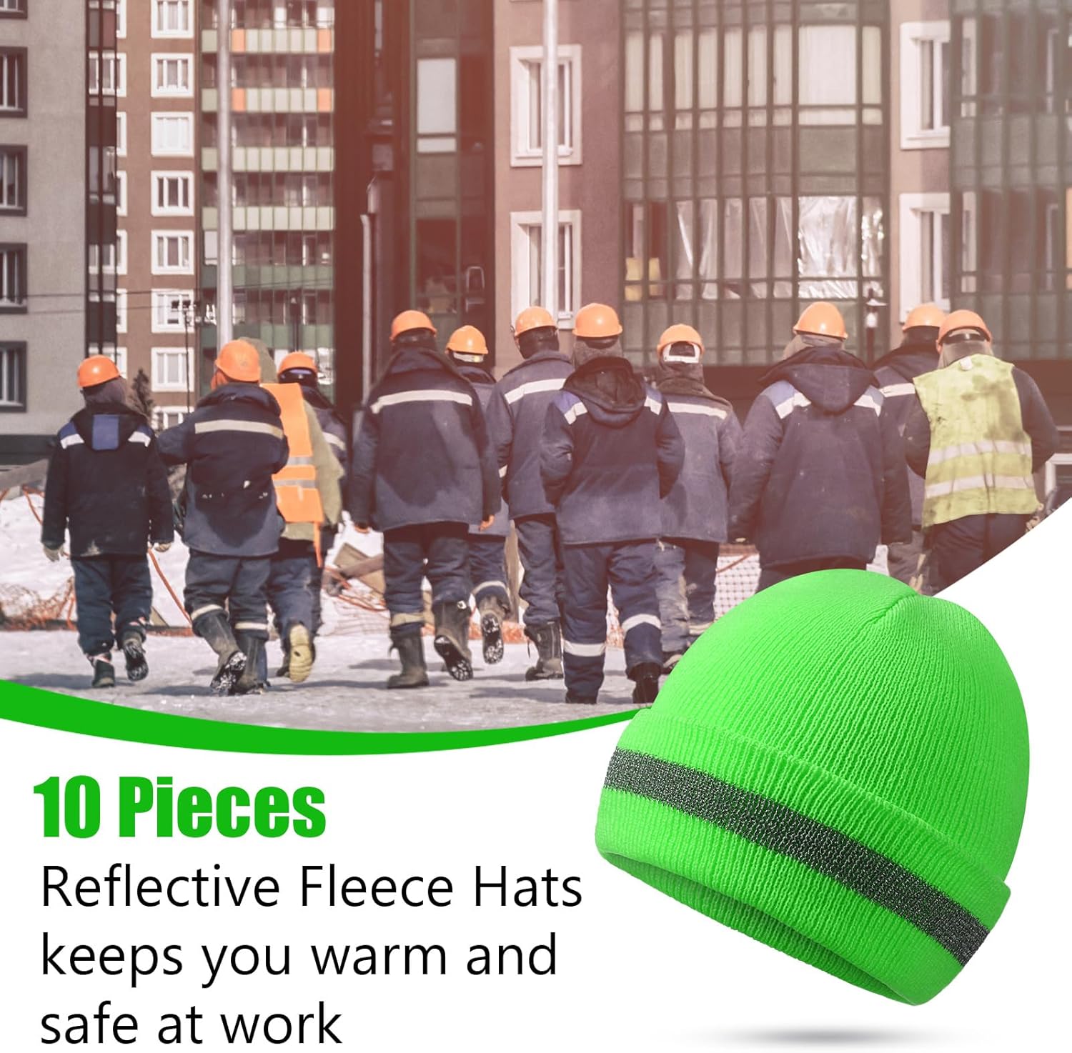 Tarpop Safety Beanie Bulk Safety Reflective Beanie Knit Hat High Visibility Hat Winter Unisex Cap for Running Biking Guard (10 Pcs,Green) - Image 3