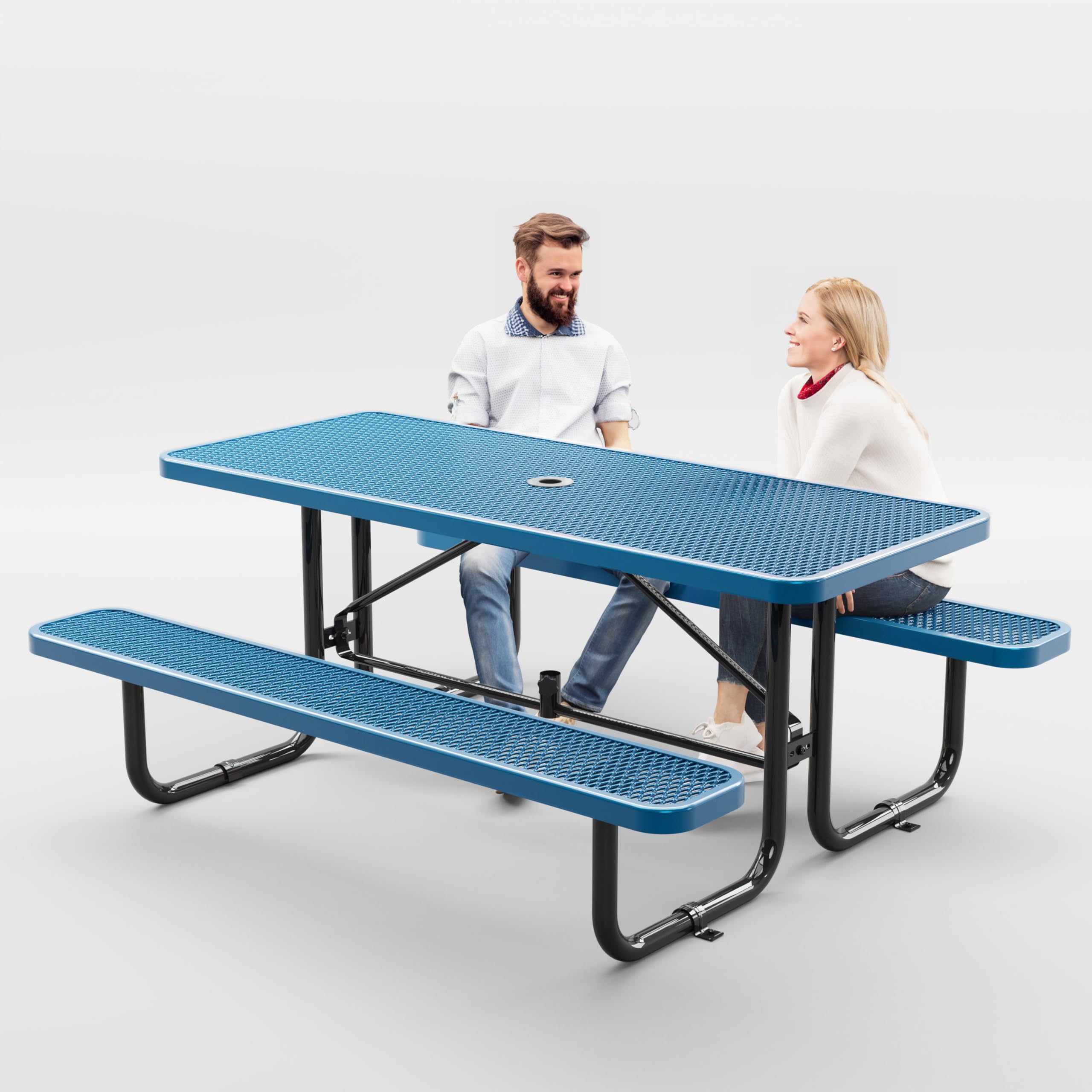 Metal Picnic Furniture for Outdoors with Umbrella Hole - Coated Steel Heavy Duty Commercial Grade Table with Adjustable Seats, Patio Set for a Lifetime (Blue, 6' Rectangular)