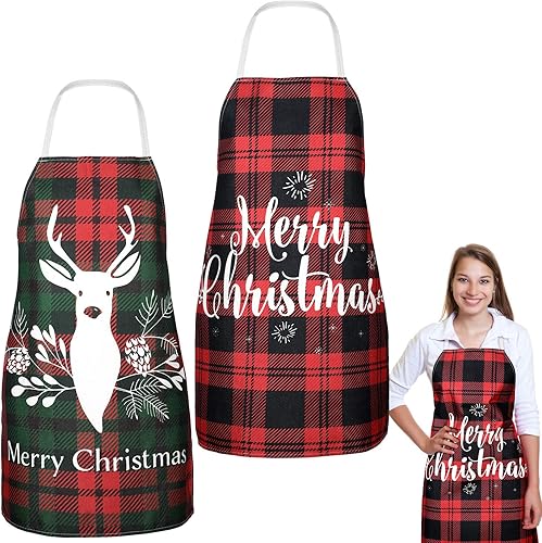 Geyoga 2 delantales de Navidad, delantal a cuadros de búfalo, tela ajustable, color rojo, retro, para fiesta de Navidad, cocina, hornear, 2 estilos