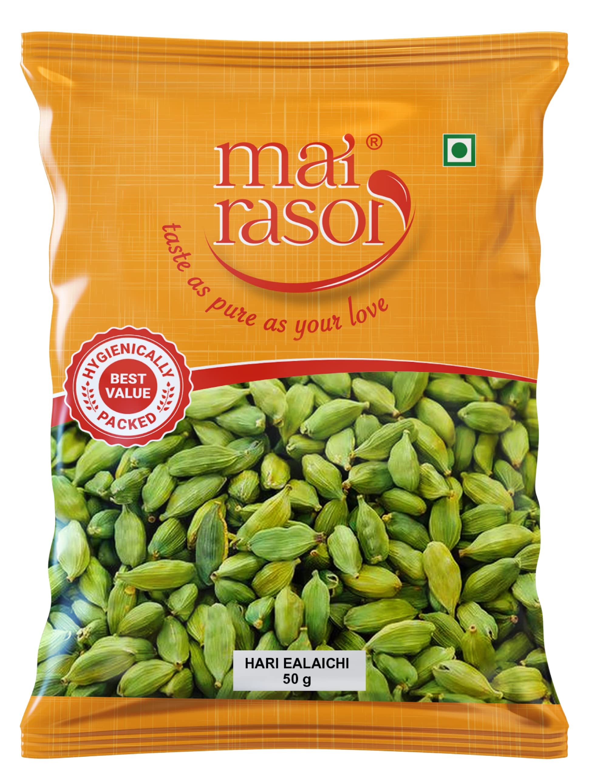 MAI RASOI ROZANA GREEN CARDAMOM WHOLE /HARI ELAICHI/ ILAICHI, 50GM