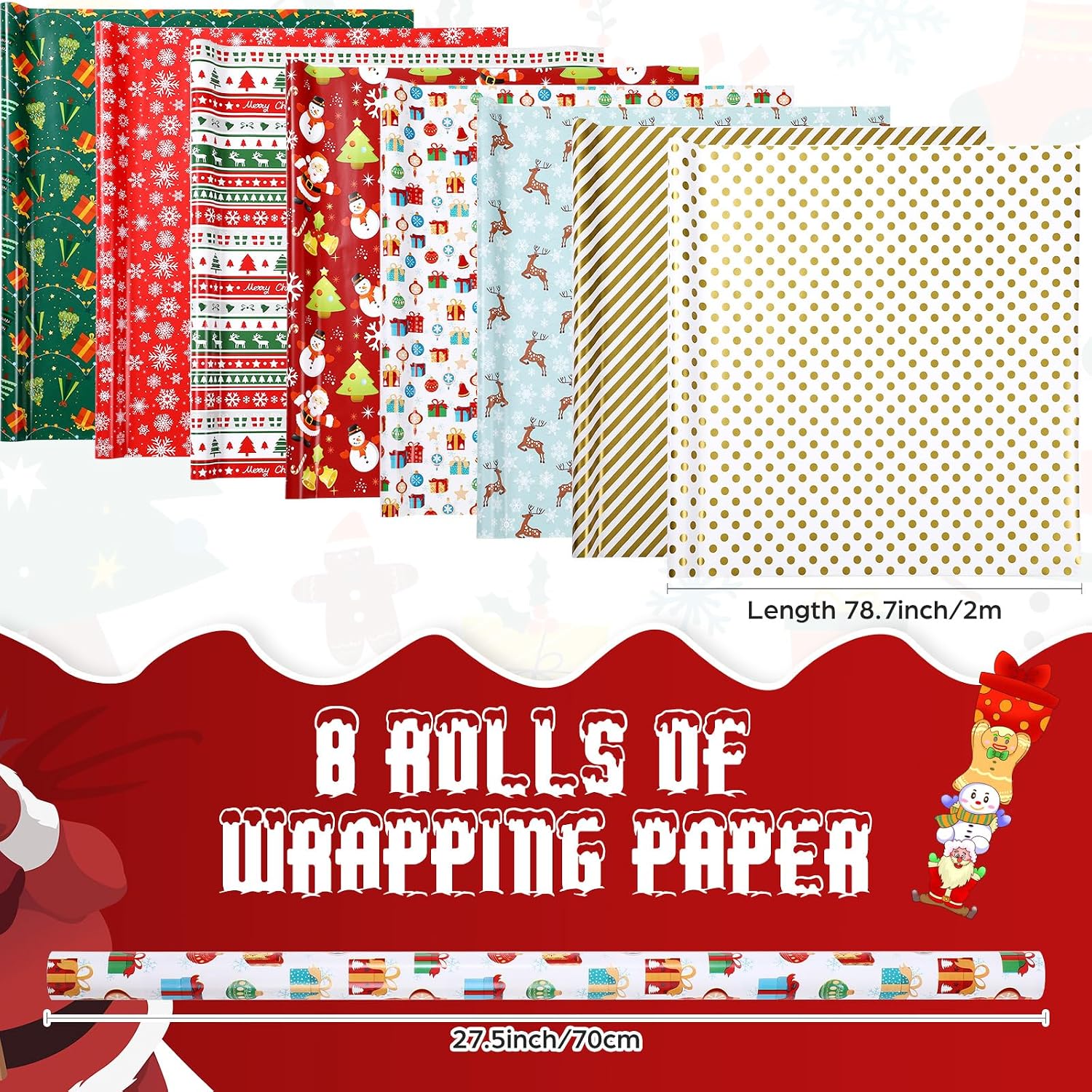 Tatuo 8 Rolls Christmas Wrapping Paper, Santa Claus, Gift, Snowflakes, Tree, Stripes, Reindeer, Gold Stripes and Dots Design Gift Wrap Paper for Christmas Holiday - 27.6 x 78.7 Inch (6.5 Feet)