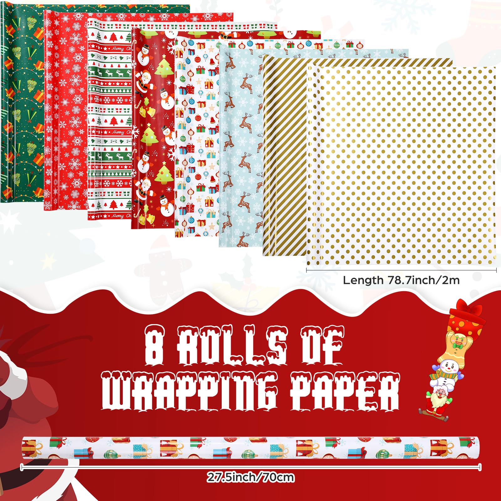 Tatuo 8 Rollen Weihnachts-Geschenkpapier, Weihnachtsmann, Geschenk, Schneeflocken, Baum, Streifen, Rentier, Goldstreifen und Punkte, Design Geschenkpapier für Weihnachtsferien – 27,6 x 78,7 Zoll (6,5