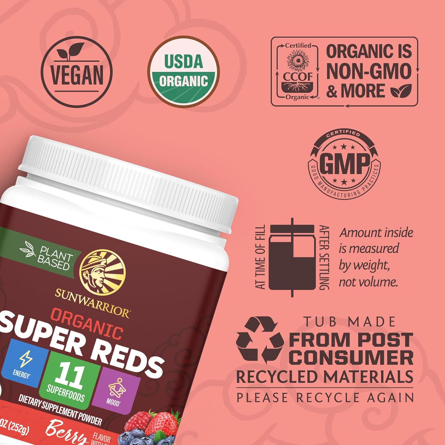 Organic Super Reds Powder 11 Superfoods with Beet Root, Berries, Reishi & Cordyceps – Natural Energy, Circulation & Immune Support – USDA Organic Vegan Non-GMO, Gluten-Free Superfood Drink 28 Servings - Image 3