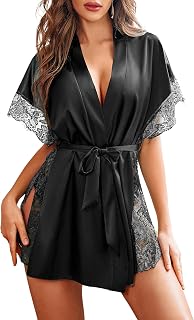 SPLORR Lingerie for Women Satin Sleeping Robe Eyelash Lace Kimono Side Split Sexy Silk Robes Price In India
