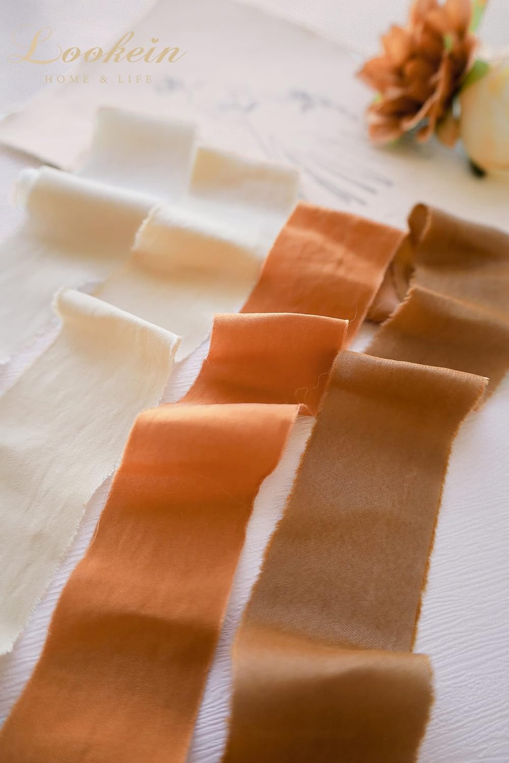 Lookein Chic Terracotta Artificial Flowers Combo& Silk Ribbon for Wedding DIY Bouquet Table Centerpiece Bridal Shower Party Decoration