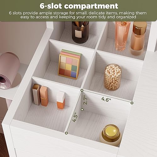 Miniatura 4 de IRONCK Escritorio de tocador con espejo de luces LED y toma de corriente, tocador de maquillaje con taburete de almacenamiento y estante para