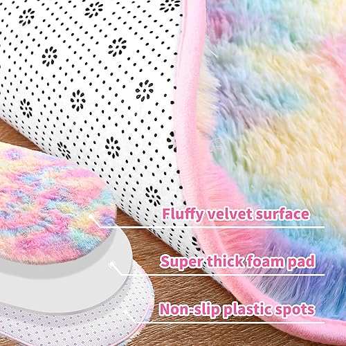 Miniatura 5 de Noahas Alfombra de arcoíris para habitación de niños, alfombras esponjosas para dormitorio, 2 x 5 pies, ovaladas, ultra suaves, pequeñas, alfombra