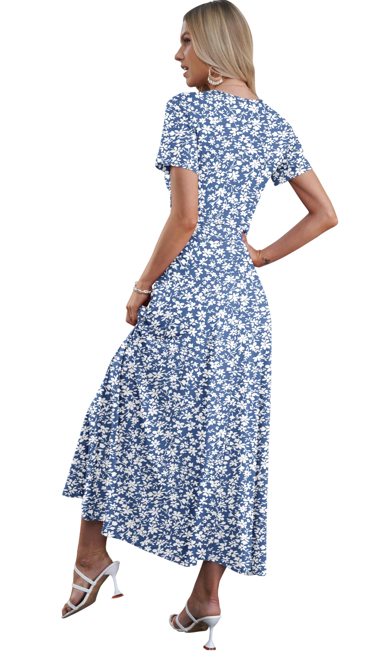AUSELILY Vestito Lungo Donna Scollo a V Maxi Vestito Donna Elegante Estivo Manica Corta Abito Casual Vita Alta Abiti Vestiti con Tasche
