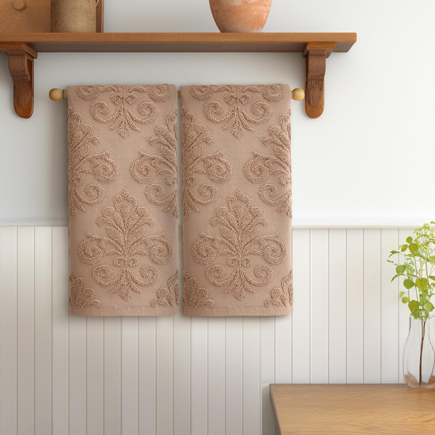 2 Pcs Quality Floral Jacquard Hand Towels Set for Bathroom Brown Hand Towels 100% Cotton Absorbent Decorative Weave Bath Decor Neutral Bathroom Decor Gift, 13.7 x 29.5 Inch - Image 4