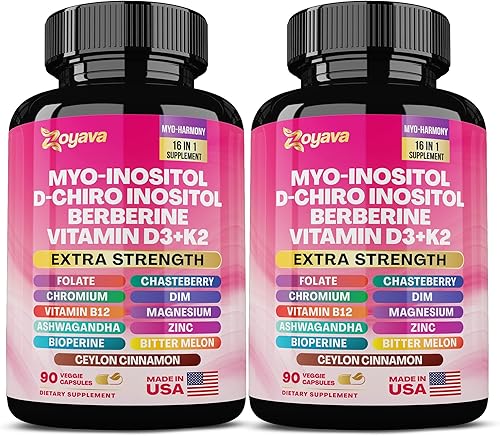 Suplemento Myo Inositol 750mg, berberina 500mg, D-Chiro Inositol 50mg, Folato 400mcg, Cromo 100mcg, Canela de Ceilán 200mg, Ashwagandha 100mg, DIM