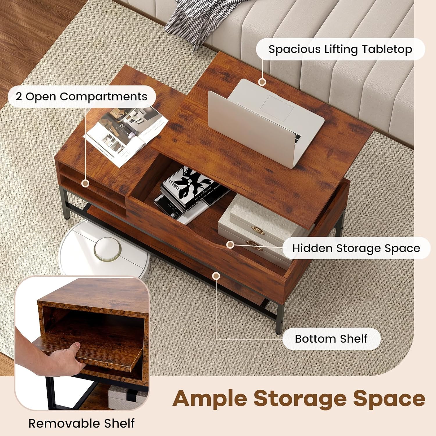 Tangkula Lift Top Coffee Table, Industrial Living Room Table with Hidden Compartment & Removable Storage Shelf, Flip Top Center Table with Metal Frame for Home Office (Industrial, Rustic Brown)