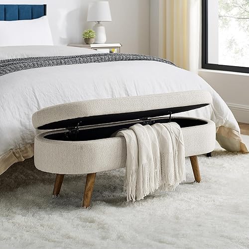 Miniatura 1 de Banco de almacenamiento ovalado de 43.5 pulgadas, otomano tapizado de tela de lino, banco de entrada interior con patas de madera maciza para sala