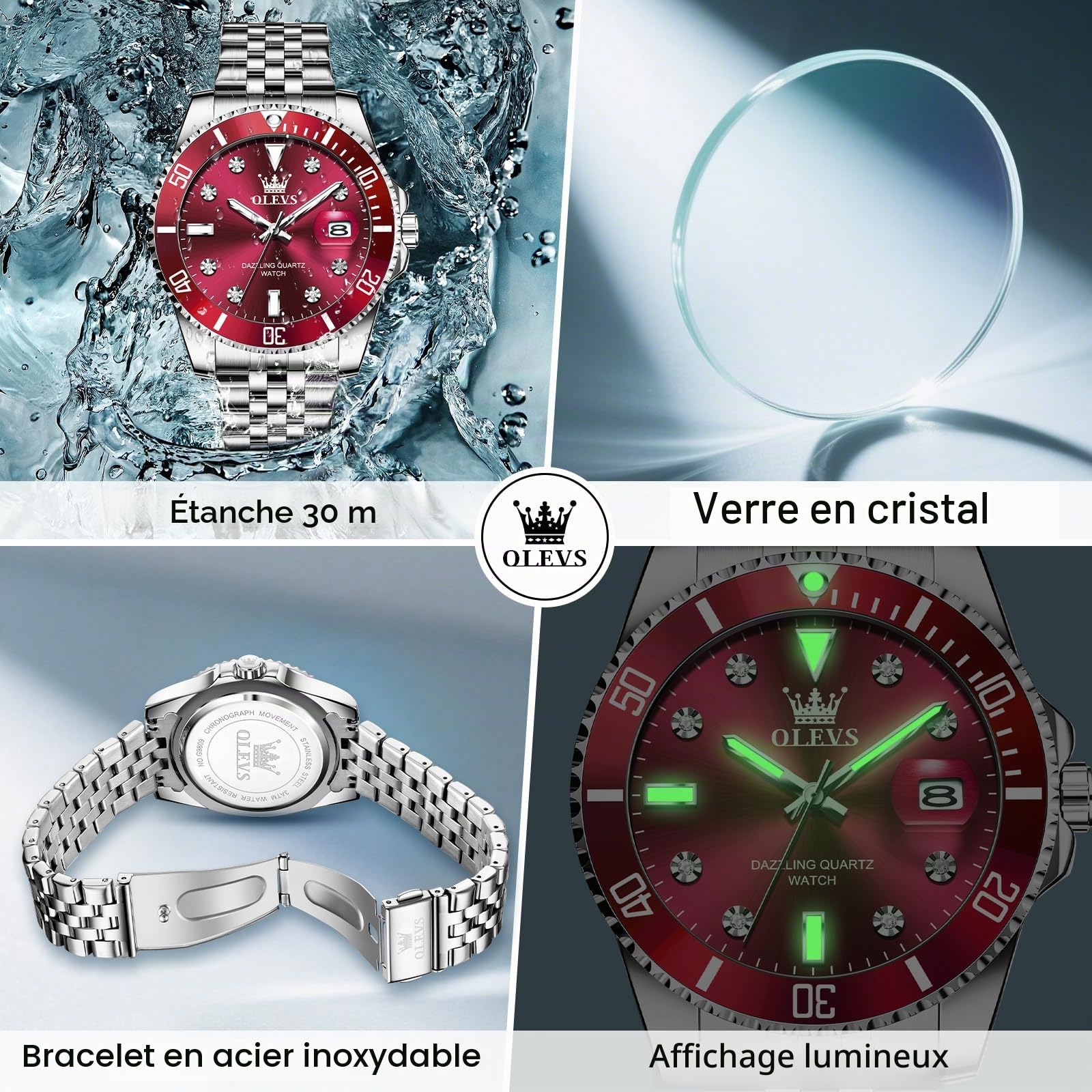 OLEVS Argent pour Hommes, Klassischer Großes Gesicht Montre à Quartz, Acier Inoxydable Facile à Lire Montre de Bracelet de Luxe pour Hommes