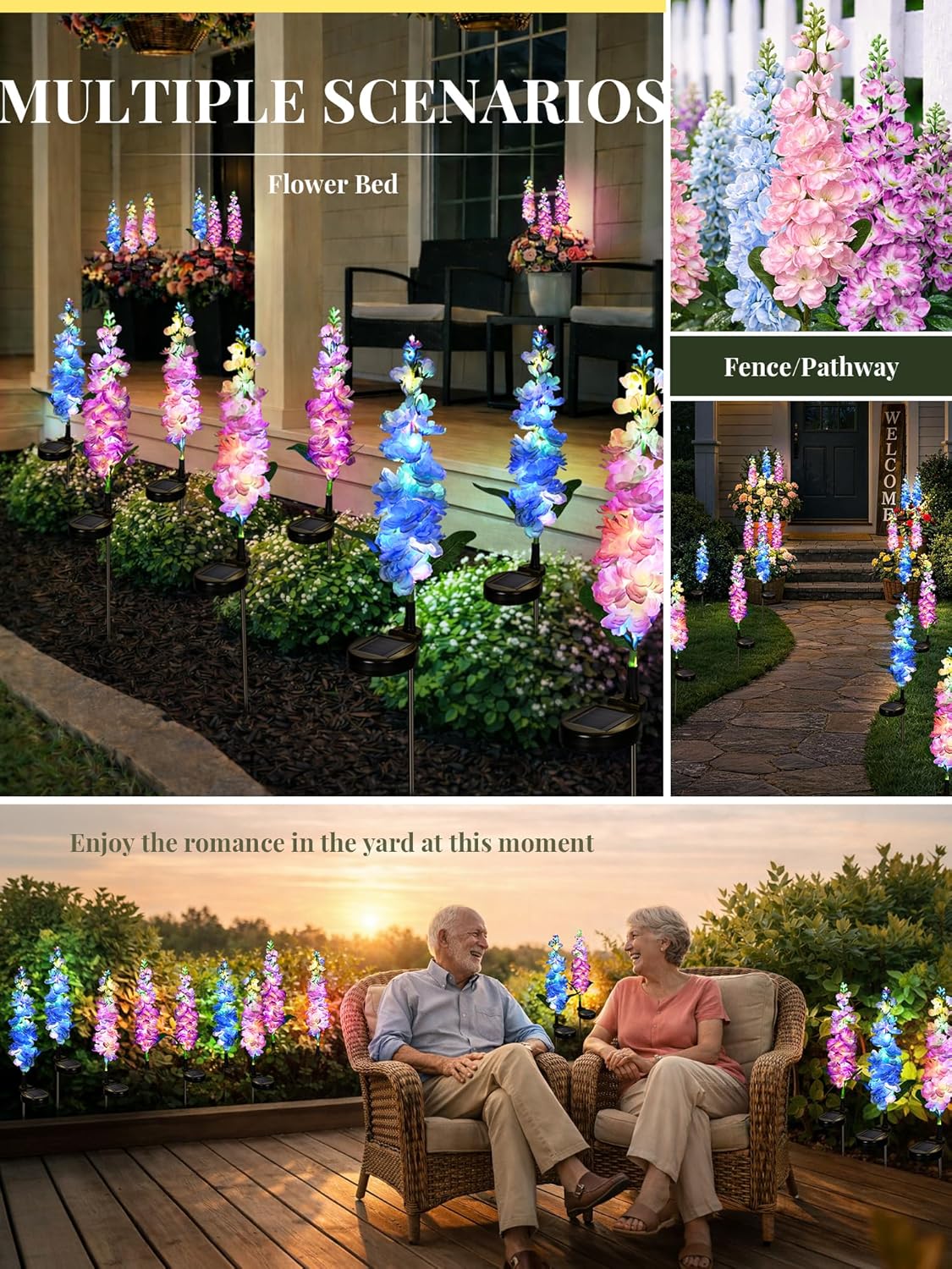 GIGALUMI Solar Lights Outdoor for Garden Decor, 3 Pack Solar Flower Lights Waterproof, 2 Lighting Modes Delphinium for Pathway,Yard, Patio Decoration, Gardening Gifts for Women (Multi-Colored)