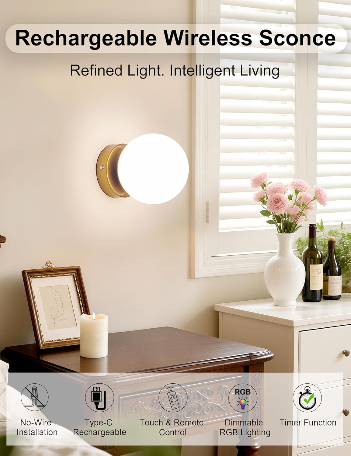 Battery Operated Rechargeable Wall Sconce Single, Brushed Gold Opal Glass Globe Wall Lamp, Wireless Touch & Remote Control, Dimmable 3 CCT + 12 RGB Colors for Bedroom Living Room Hallway