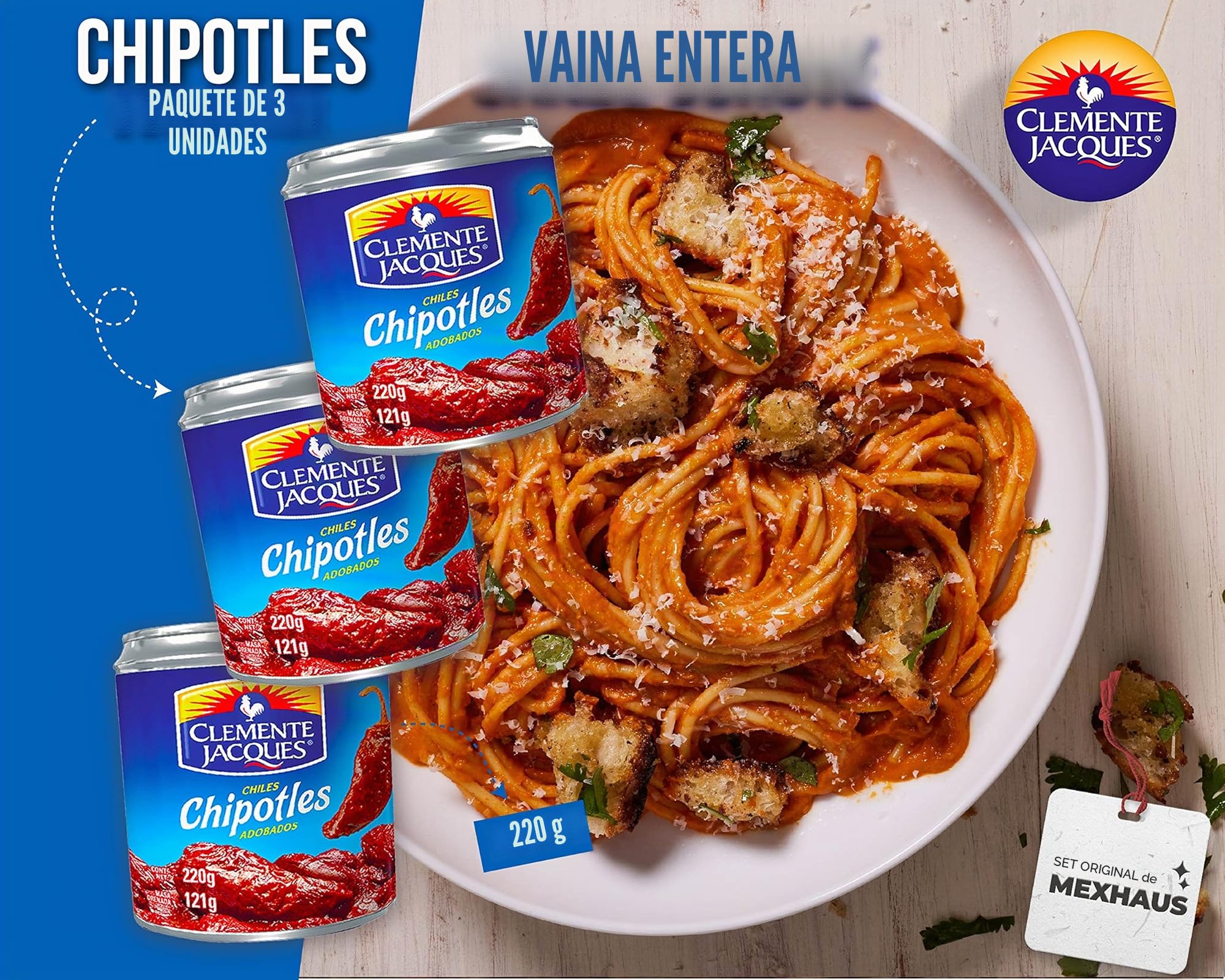 Chipotle Chili en salsa Adobo - Chipotle en Adobo de Clemente Jacques (Pack de 3) por 220 gr