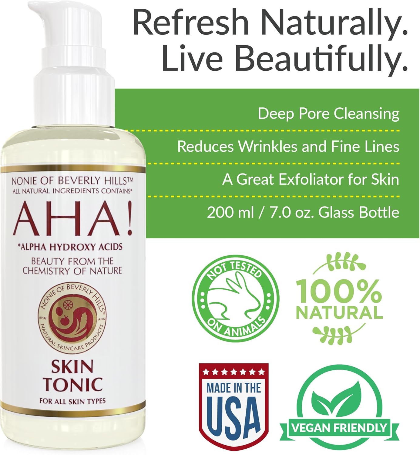 Nonie of Beverly Hills AHA Skin Tonic – All-Natural & Gentle Exfoliating Toner – 100% Vegan & Organic – with Apple Cider Vinegar, Grapefruit Seed Extract & Citrus Blend – Made in The USA