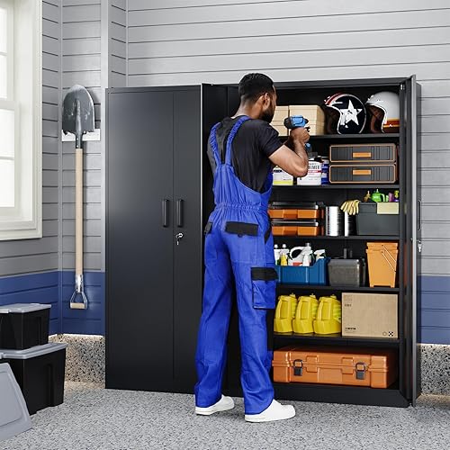 Miniatura 2 de Yizosh Armario de almacenamiento de metal con cerradura, gabinete de almacenamiento de garaje de 72 pulgadas con 2 puertas de bloqueo y 5 estantes