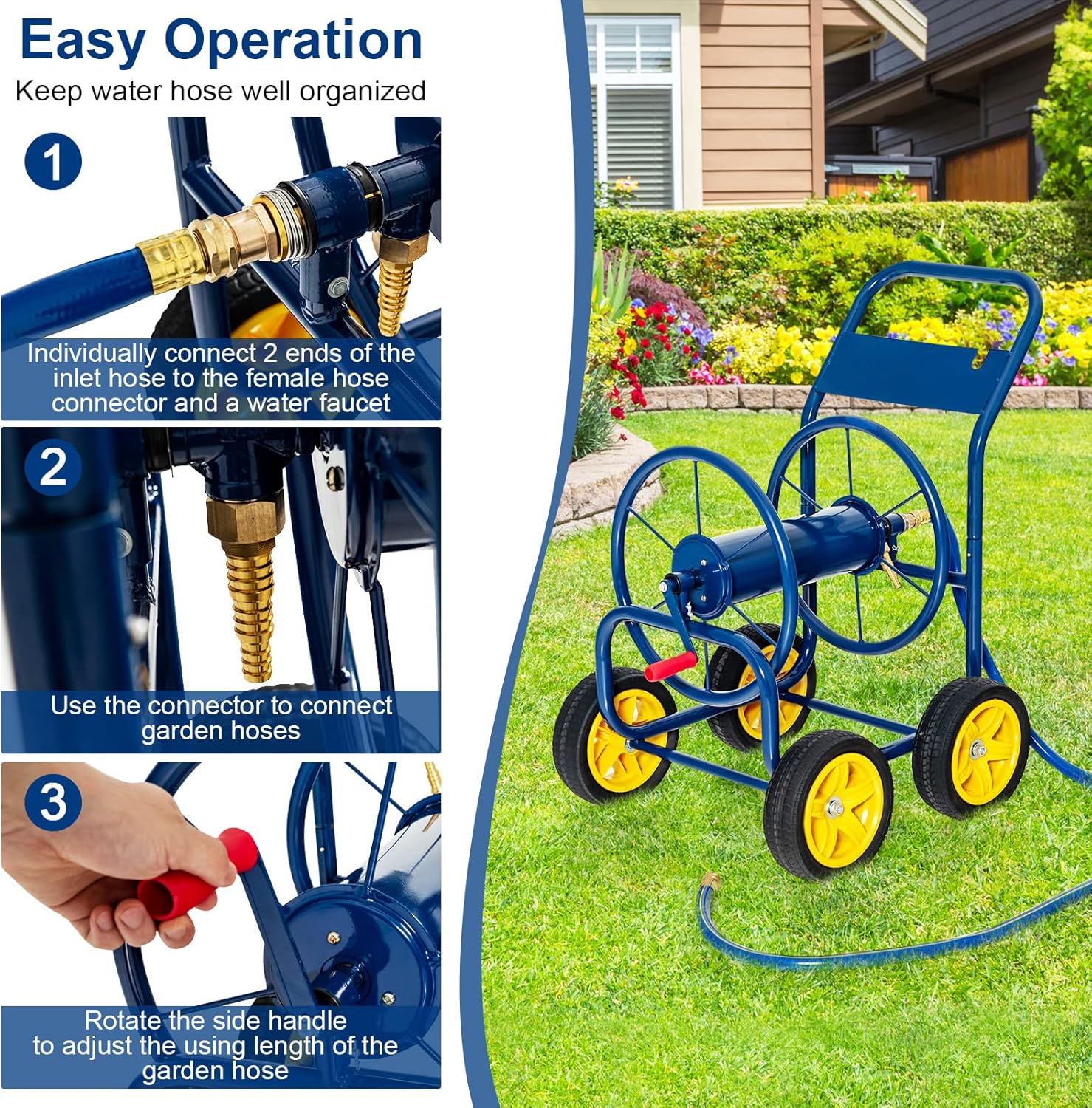 S AFSTAR Garden Hose Reel Cart, Outdoor Water Hose Cart with 4 Large Rubber Wheels, Heavy-Duty Yard Water Planting Holds 330 FT of 3/4” or 5/8", or 400 FT of 1/2” Hose for Garden Lawn Farm (Navy)