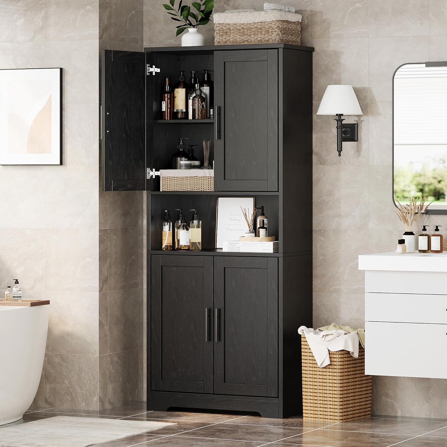 Garvee 70 Inch Tall Storage Cabinet, Kitchen Pantry Cabinet with Doors and Adjustable Shelves, Freestanding Wooden Classic Cupboard for Living Room, Dining Room, Bathroom, Black