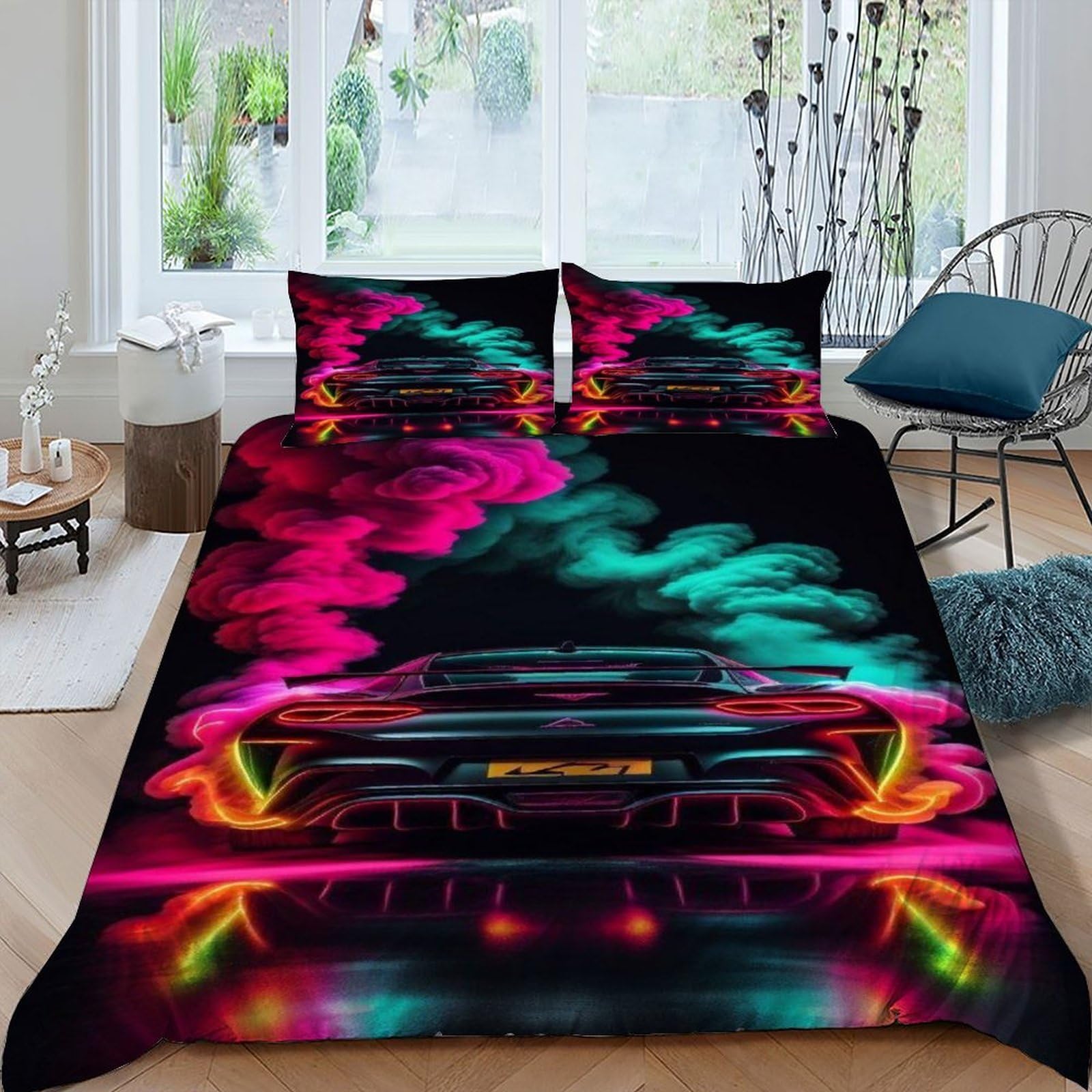 Housse de couette car smoke pour chambre adulte ambiance moderne sport mécanique