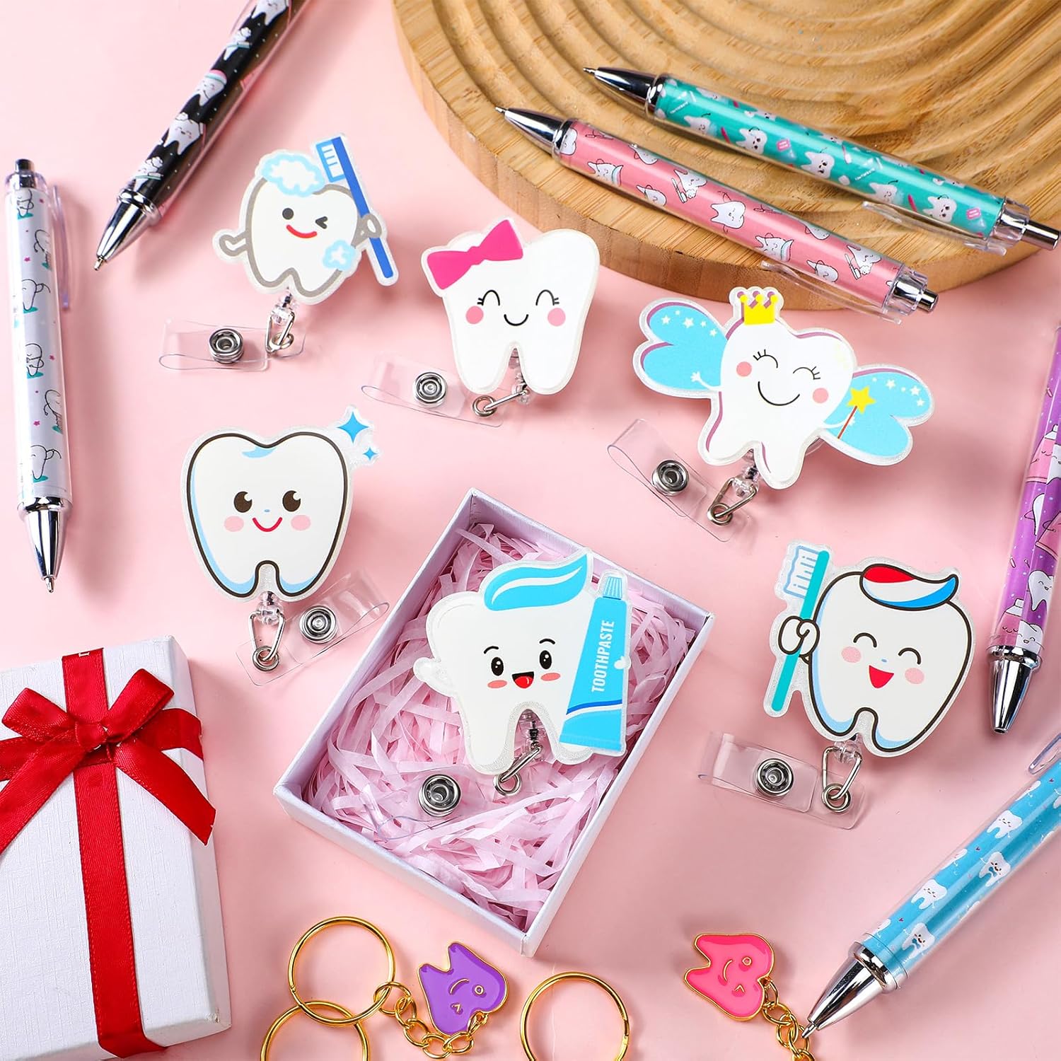 Gueevin 30pcs Dental Hygiene Gifts Assistant Hygienist Set Dental Assistant Accessories Hygienist Appreciation Gifts Include Keychain Ballpoint Pens Socks Badge Reels Cups for Graduation