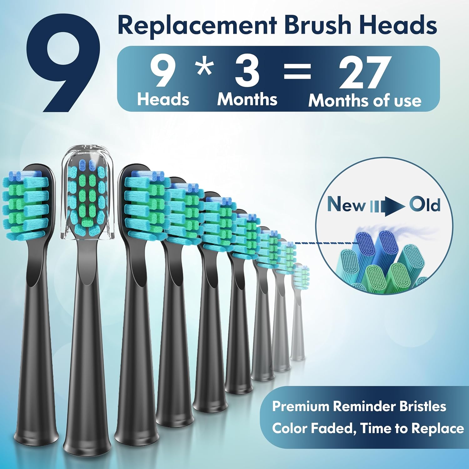 Image showing multiple brush heads, with some new (dark bristles) and some old (faded bristles) to illustrate the replacement reminder feature.