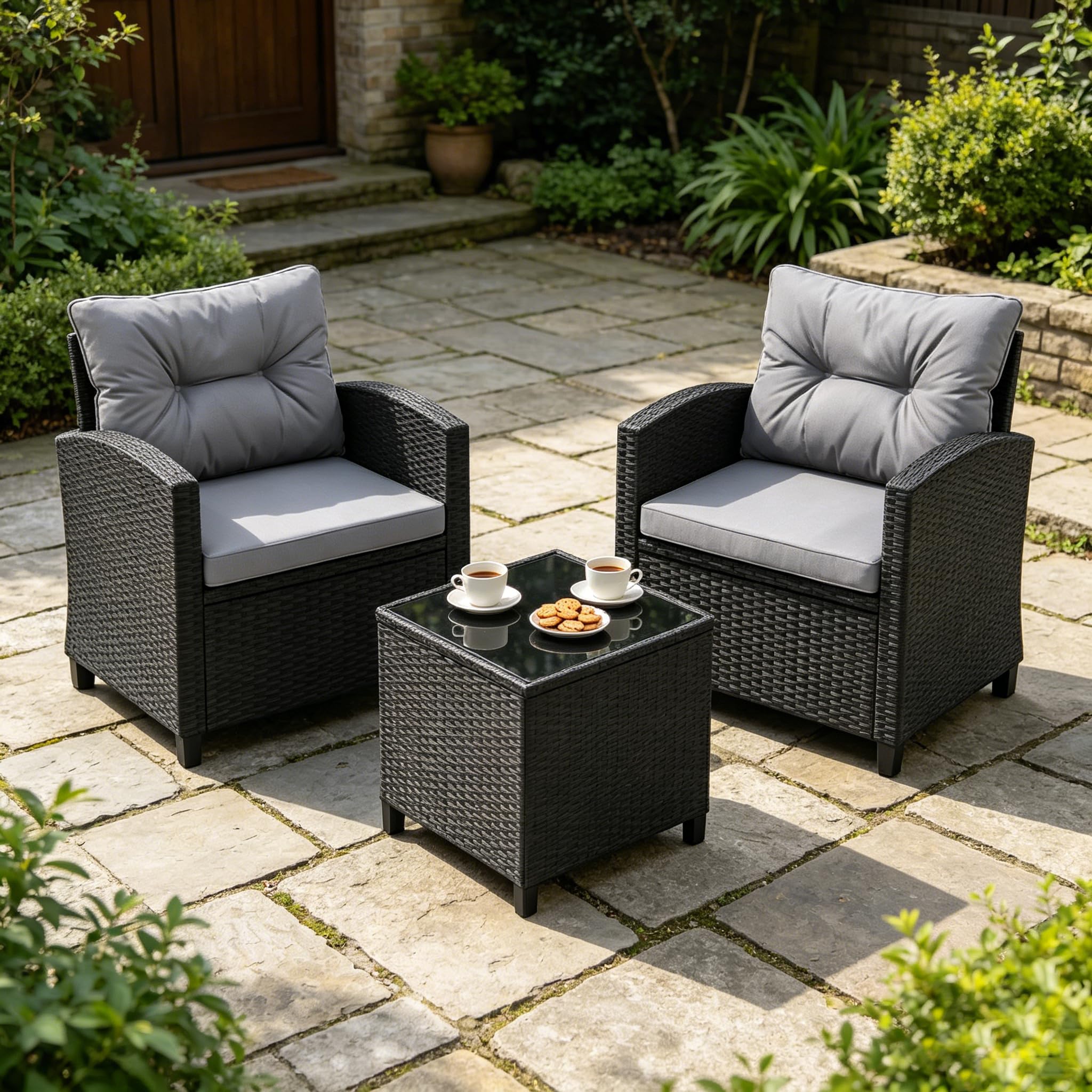 GIANTEX Rattan Gartenmöbel Set, Balkonmöbel Kleiner Balkon, Lounge Möbel Outdoor, Balkon Set 2 Personen, Balkonmöbel Set 3 teilig 2 Sessel & Tisch, Terrassenmöbel (Schwarzem Rattan + Grauem Kissen)