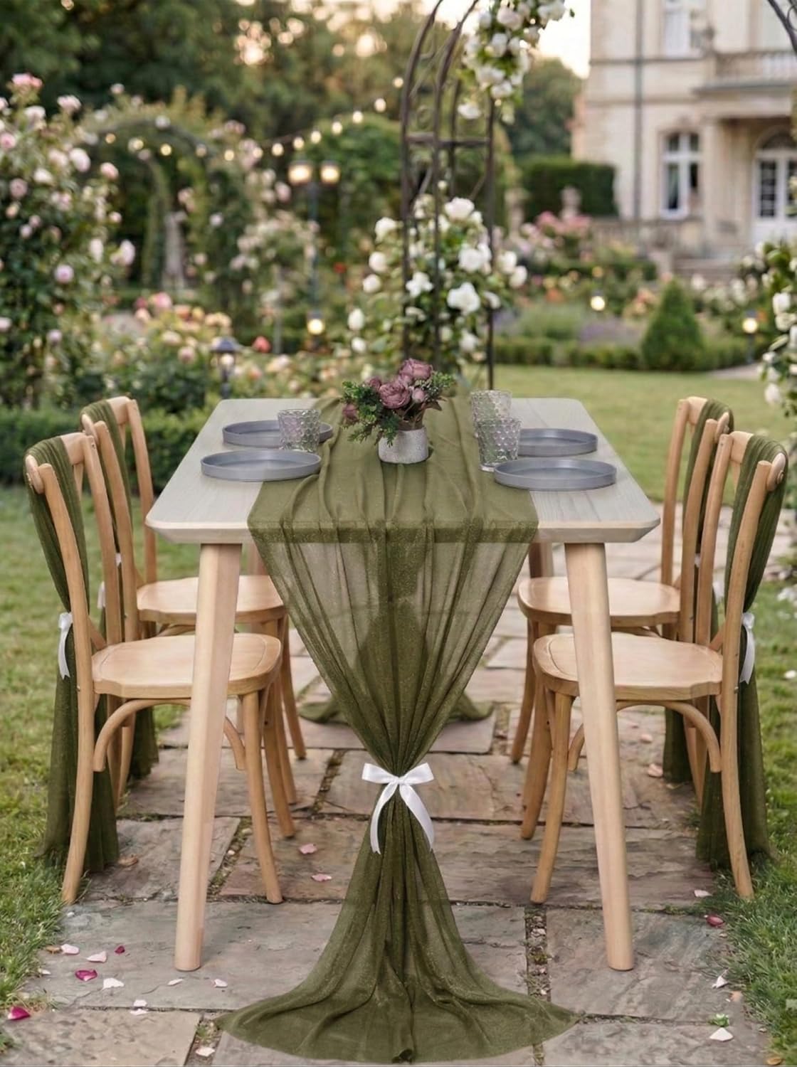 MDS 12 Pack 10ft Chiffon Table Runner 29 x120 Inches Sheer Wedding Runner Romantic Rustic Table Runner for Wedding Decorations, Birthday Parties, Bridal Shower Party Arch Decor - Olive Green