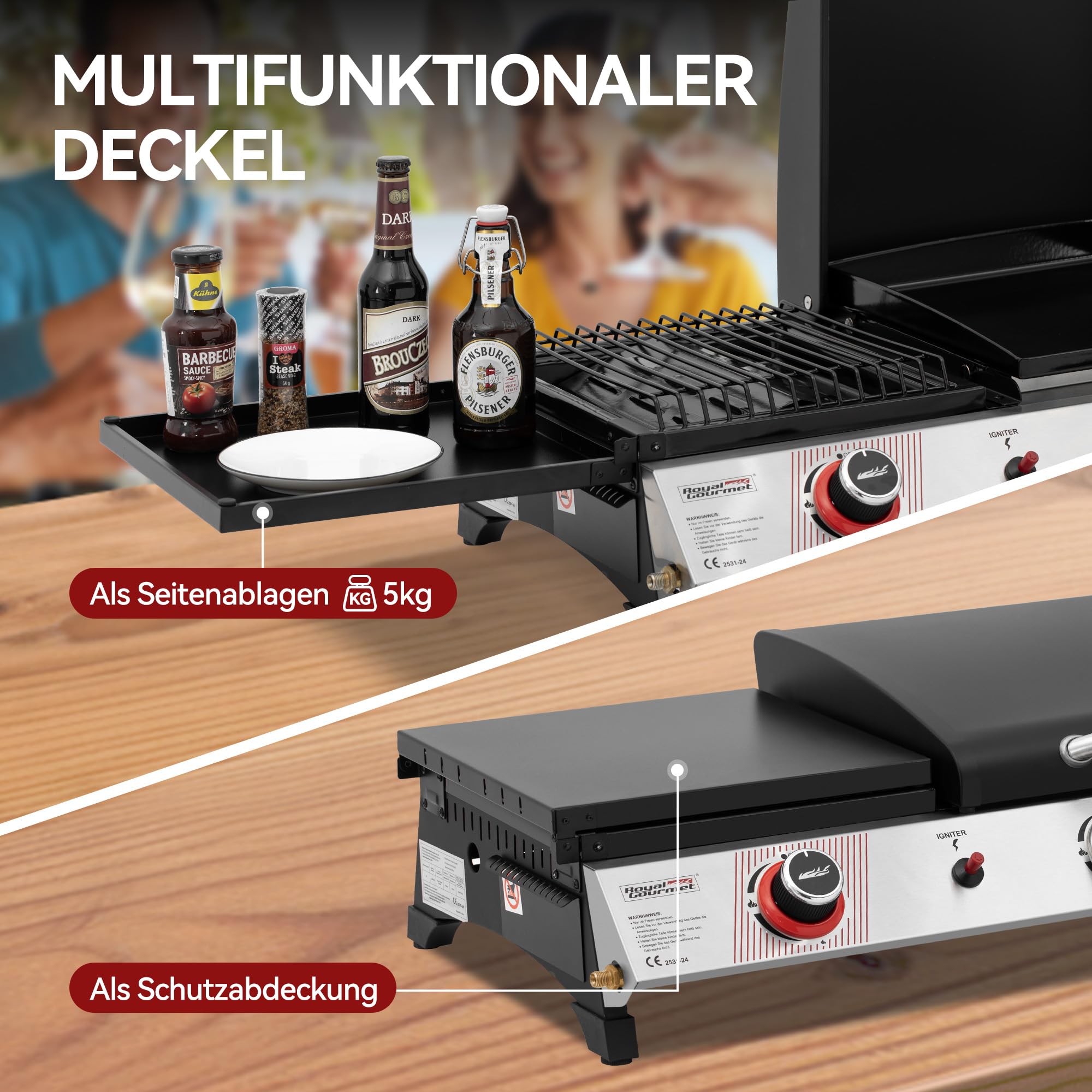 Royal Gourmet 8,5 kW Gasgrill, 3 in 1 Tischgrill mit Grillen, Braten, Kochen, 3 Brenner Tragbarer Picknickgrill Campinggrill mit Klappbare Seitenablage Schwarz
