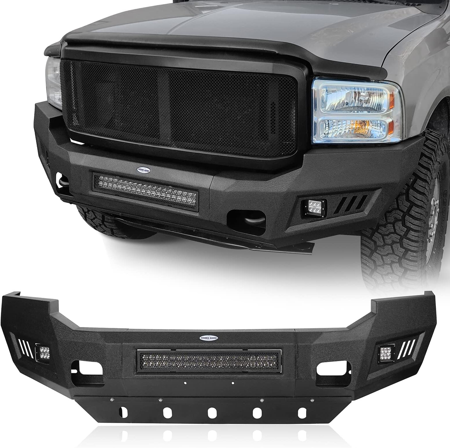 Hooke Road Off-Road Steel Front Bumper For Ford F-150 2004-2008 - Winch Ready, 4 LED Lights, D-Ring Mounts, Textured Black Finish