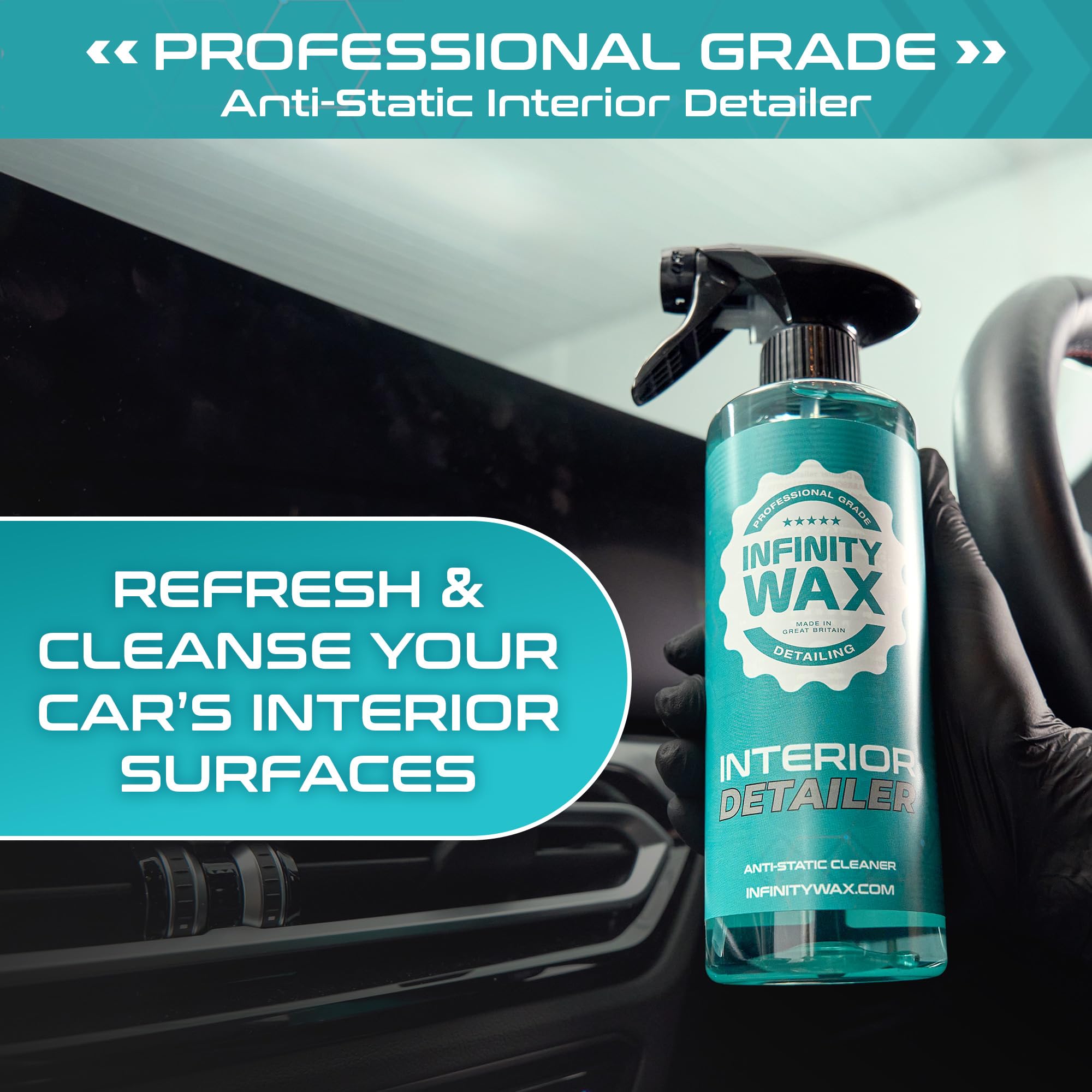 Infinity Wax Interior Detailer 5L – antistatischer Reiniger für Leder, Alcantara, Kunststoff & Bildschirme. Mattes Finish, Zitronen-Limetten-Duft, einfaches Spray für Auto-Innenräume.
