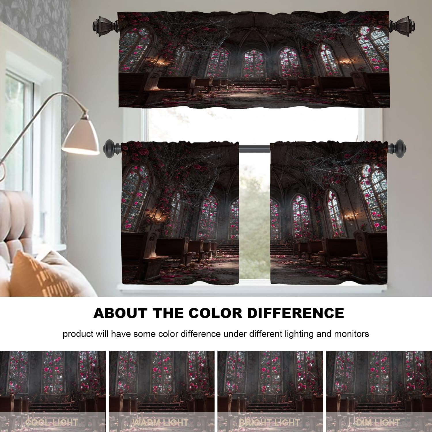 Abandoned Chapel Stained Glass Roses Spider Silk Cafe Curtains,Abandoned Chapel Broken Pews Mushrooms Blackout Tier Curtain Multilayer Polyester Short Kitchen Drapes 2 Pack 26X24 Inches