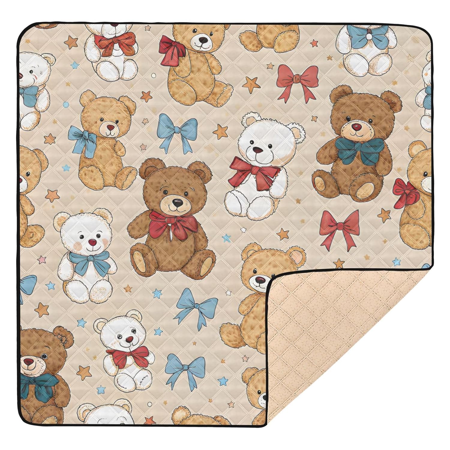 Cute Stuffed Bears Baby Play Mat for Floor 50" X 50" Foldable Waterproof Non-Slip Playmat for Baby Playpen Quilted Crawling Mats Game Rug